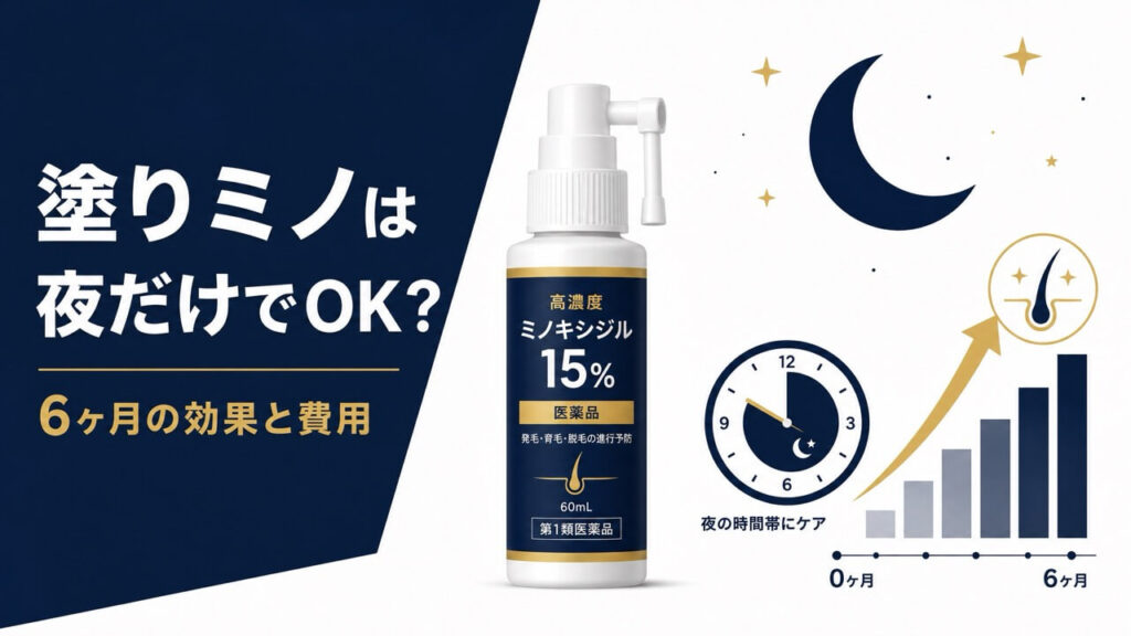 ミノキシジル外用ローションのボトルと三日月・夜の時計・上昇矢印を描いた、夜だけ塗る発毛ケアをテーマにしたフラットデザインのアイキャッチ画像。