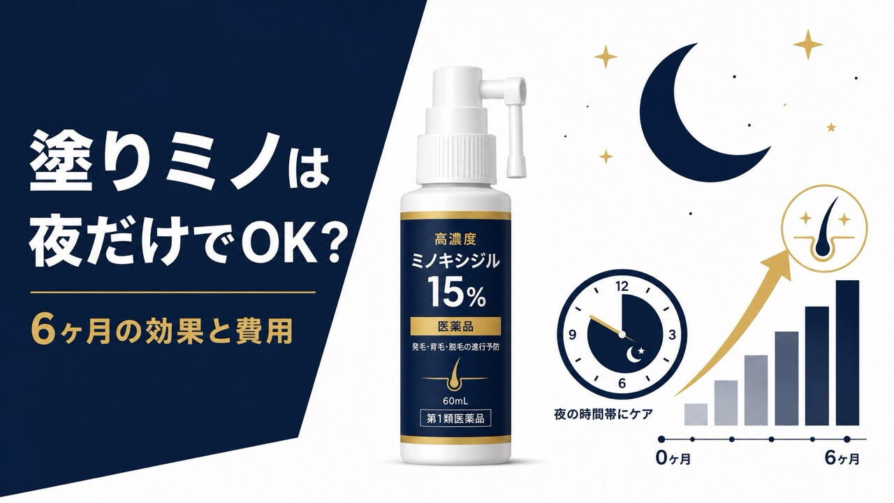 ミノキシジル外用ローションのボトルと三日月・夜の時計・上昇矢印を描いた、夜だけ塗る発毛ケアをテーマにしたフラットデザインのアイキャッチ画像。