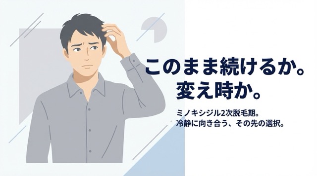 ミノキシジル治療中の二次脱毛に不安を感じながら経過を見守る男性のイメージ