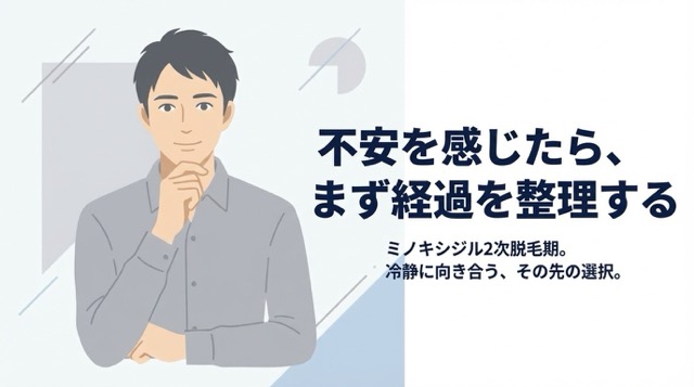 ミノキシジル二次脱毛で不安を感じたときの対処法｜経過を整理して冷静に判断する男性のイラスト