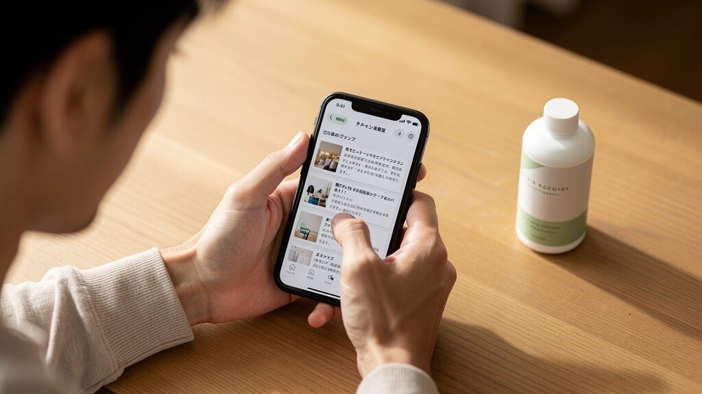 自宅の木製デスクで、スマートフォンを操作しながら口コミを確認している男性の手元。近くに発毛剤ボトルが置かれた日常シーンの写真