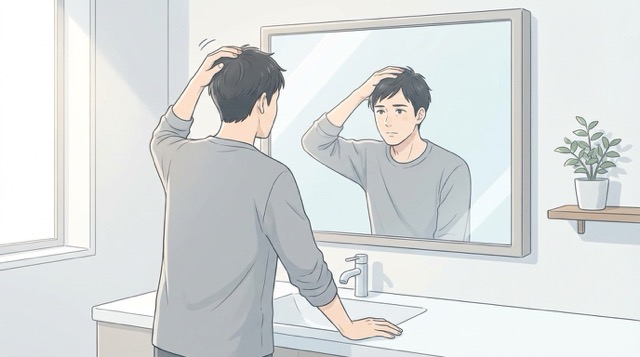 リアップを続けるか医療機関での相談に切り替えるかを鏡の前で悩んでいる男性の画像