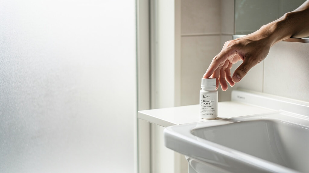 朝の洗面所で、男性の手が小型の発毛剤ボトルに伸びている様子を写した写真。洗面台や窓の光が見える清潔感のある日常シーン