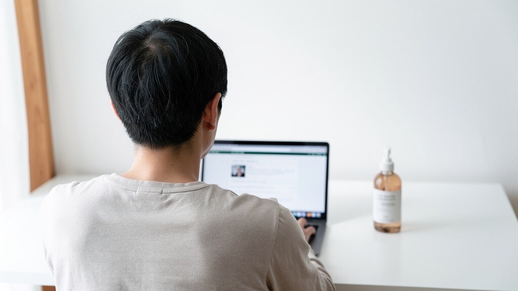 白いデスクに座った30代日本人男性が、ノートパソコンで次の薄毛治療の選択肢を調べている後ろ姿の写真。前向きに情報収集している場面を表現