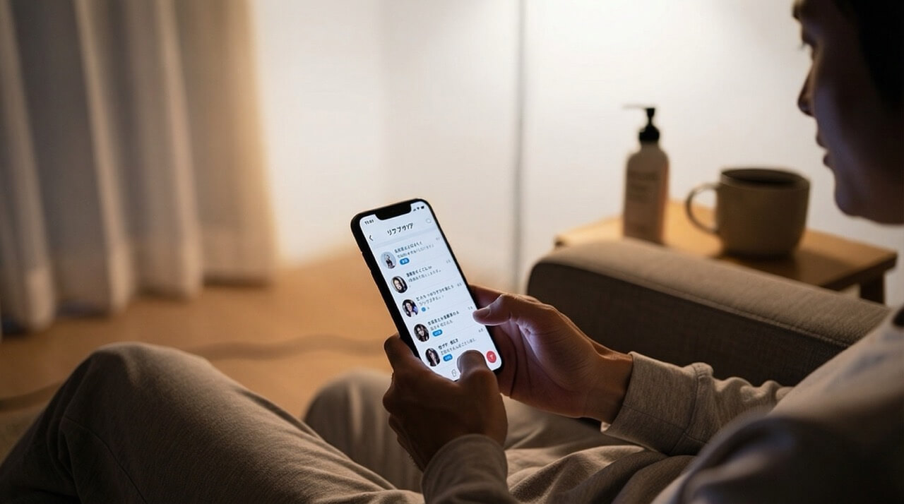 自宅のソファでスマートフォンを操作しながらSNSや口コミ投稿を確認している男性の手元。近くに発毛剤ボトルとコーヒーマグが置かれた写真