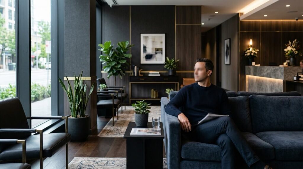 ダークトーンで落ち着いた男性向けクリニックの待合スペースに男性が座っているイメージ画像