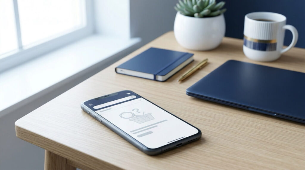 スマートフォンでECサイトを検索しているが該当商品が見つからない様子を表したデスク上のイメージ