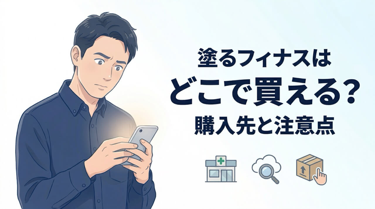 スマートフォンを見る男性のイラストと「塗るフィナスは どこで買える？ 購入先と注意点」の文字を配置したAGA外用薬の購入ガイド用アイキャッチ画像