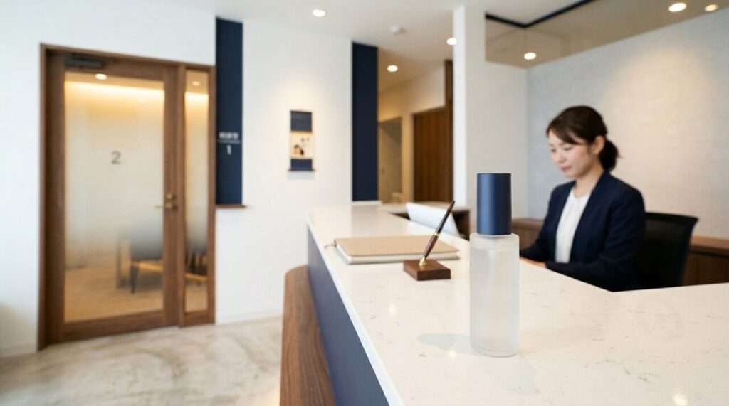 白を基調としたAGAクリニックの受付カウンターに外用薬のスプレーボトルが置かれた清潔感のある院内イメージ