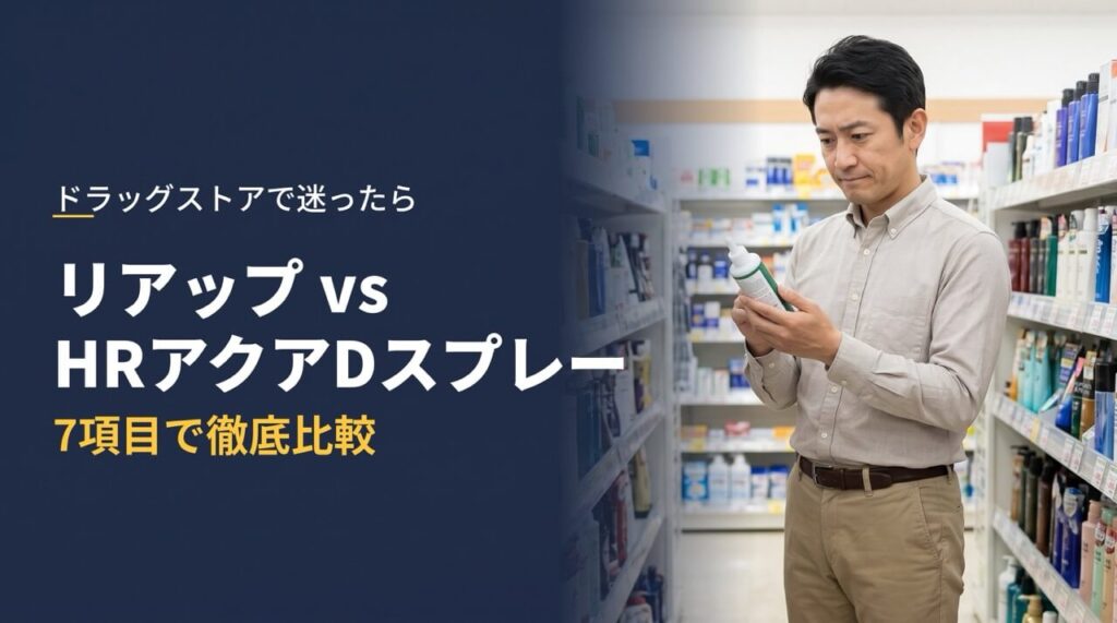 ドラッグストアの発毛剤コーナーで商品の成分表示を確認する40代男性と、リアップとHRアクアDスプレーを7項目で比較する記事のアイキャッチ