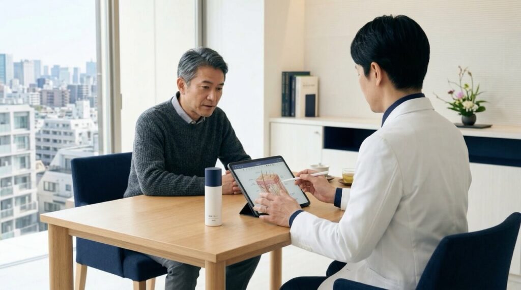 明るく清潔な診察室で医師がタブレットを使って説明し、テーブルに外用薬ボトルが置かれているイメージ
