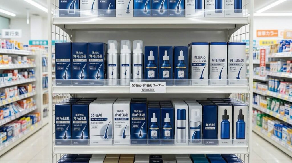 ドラッグストアの発毛剤コーナーに市販の外用薬が並ぶ棚を写したイメージ画像