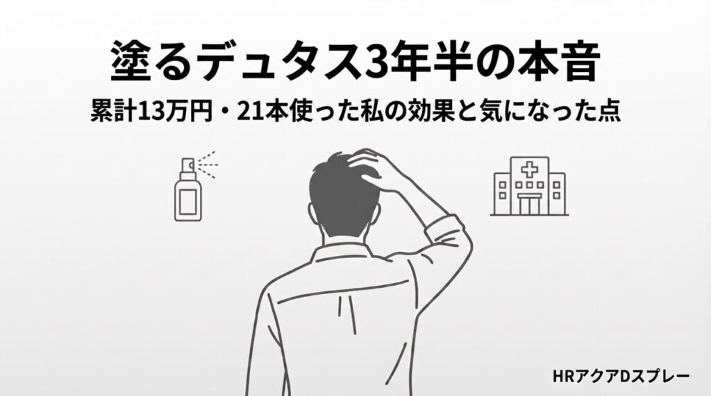 塗るデュタス（HRアクアDスプレー）を3年半・21本・累計13万円使った体験談記事のアイキャッチ画像、頭頂部を確認する男性とスプレーボトル・クリニックのイラスト