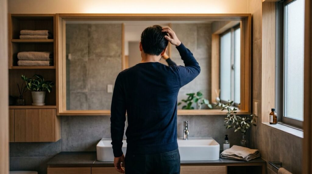 朝のバスルームで鏡を見ながら頭頂部の状態を確認する30代後半の男性の後ろ姿