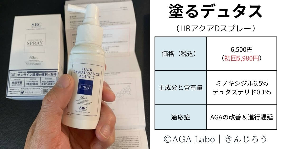 湘南AGAクリニックで処方された塗るデュタス（HRアクアDスプレー）の実物ボトルと、価格6,500円・初回5,980円・主成分ミノキシジル6.5%デュタステリド0.1%・適応症AGAの改善＆進行遅延を記載したスペック表