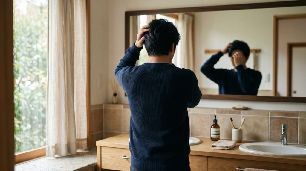 バスルームの鏡を見ながら髪を整える男性の後ろ姿、塗るデュタスで髪のボリュームが立ち上がった状態