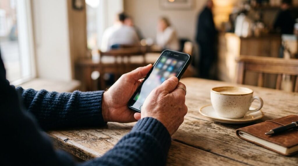 カフェのテーブルでスマートフォンを使い塗るデュタスの口コミ情報を調べる男性の手元