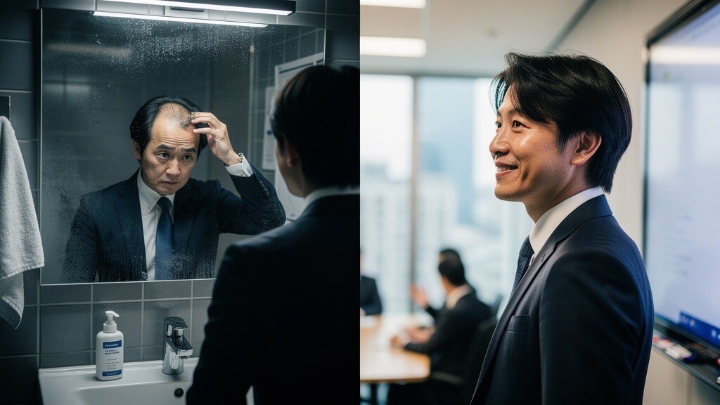 左は洗面所の鏡の前で薄毛を気にする男性、右は会議室で自信を持って立つ男性を対比した、発毛治療前後をイメージした写真