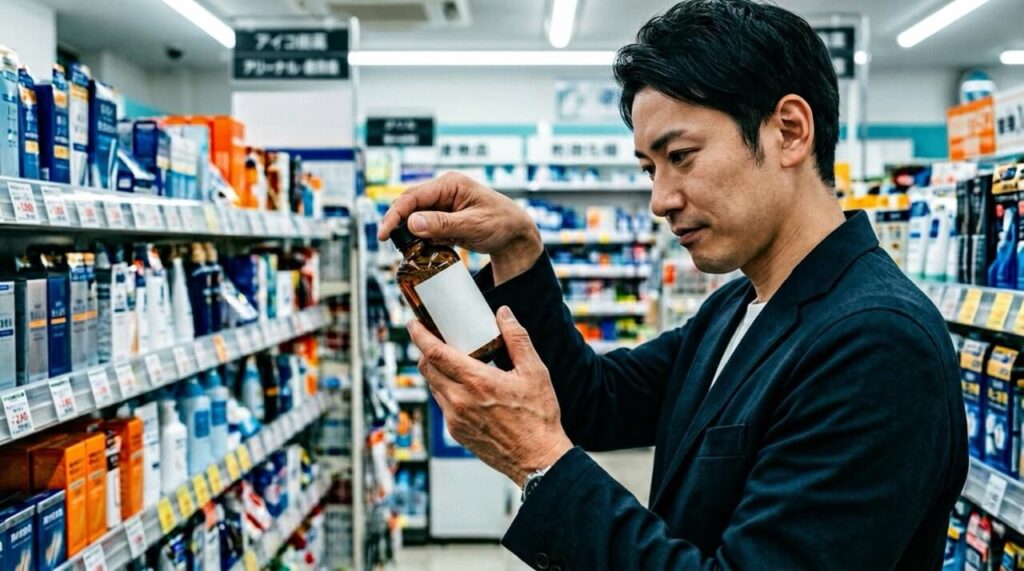 ドラッグストアの発毛剤コーナーで、棚から手に取った商品の成分表示をじっと確認している30代日本人男性