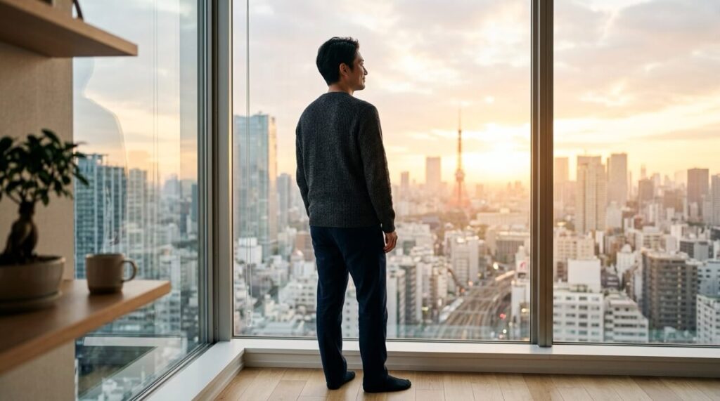 大きな窓辺で街並みを眺める日本人男性の後ろ姿、希望を感じる柔らかな朝の光