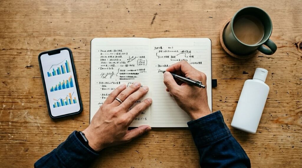 木製デスクの俯瞰、スマートフォンに表示されたグラフデータを参照しながら手書きノートに書き込みをしている日本人男性の手元