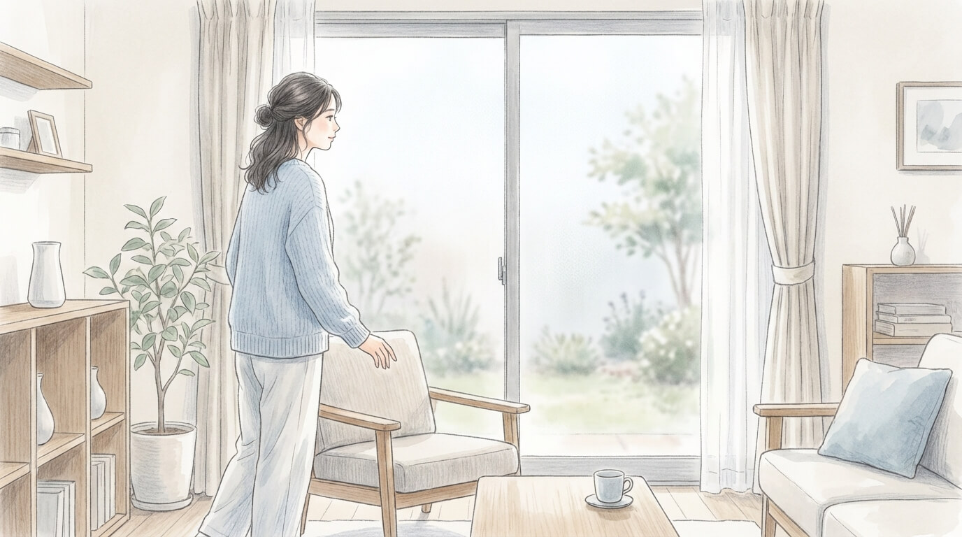 外用ケアを続けてきた女性が、次にどう考えるかを落ち着いて整理しているイメージ