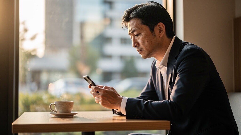 カフェの窓際でスマートフォンを見つめる30代後半の日本人男性。発毛剤や治療情報を真剣に調べている様子の写真