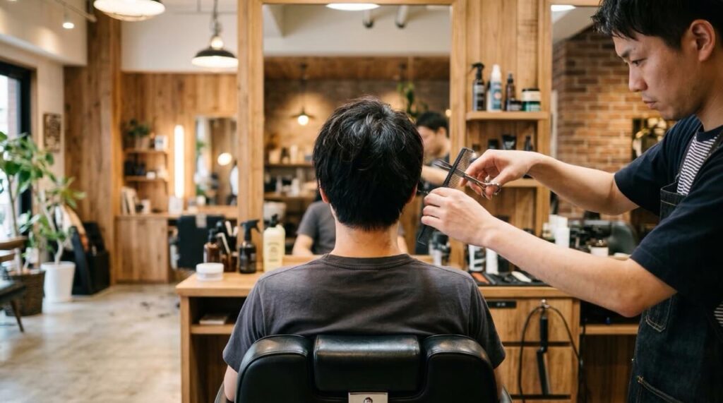清潔感のある理容室で、40代日本人男性がバーバーチェアに座り、理容師に髪を整えてもらっている後ろ姿