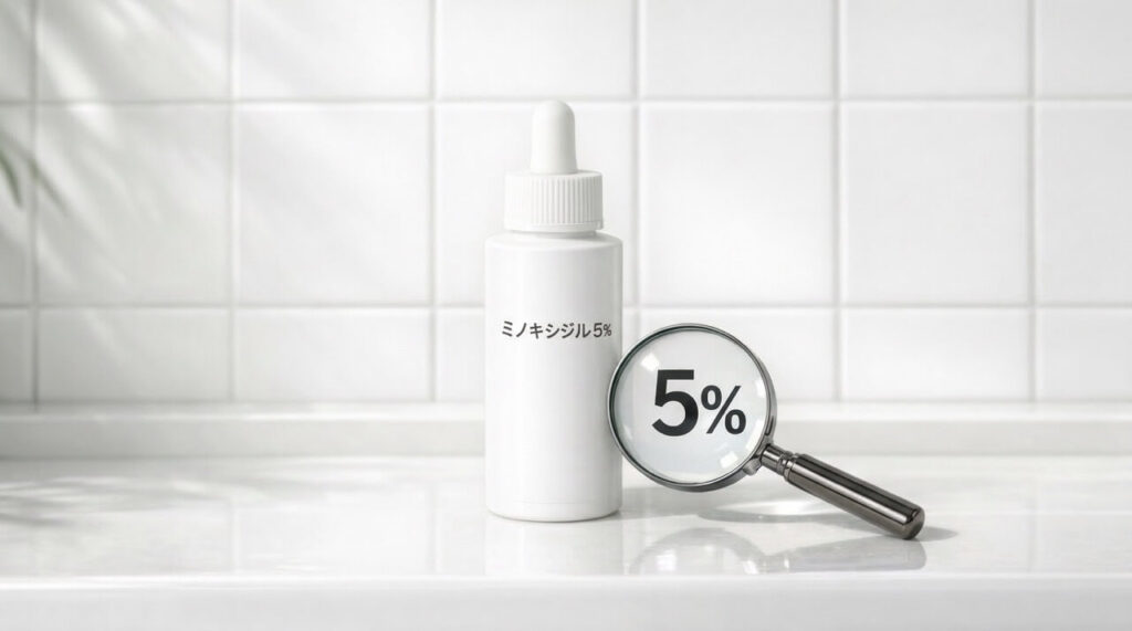 白い発毛剤ボトルと虫眼鏡で「5%」を強調した、市販のミノキシジル外用薬をイメージした商品写真