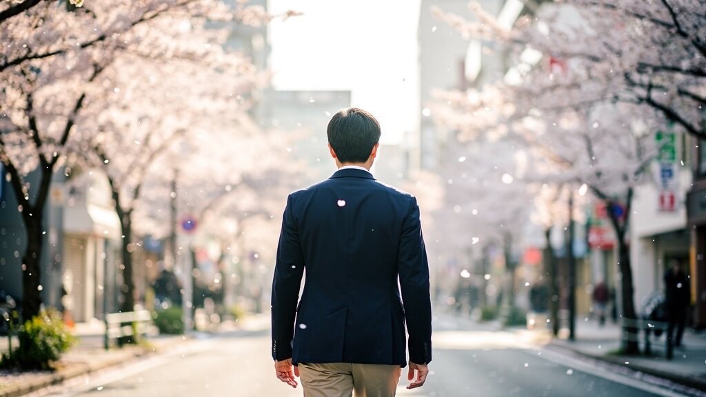 桜並木のある春の街を、背筋を伸ばして自信を持って歩く日本人男性の後ろ姿。希望や前向きな変化を表現した写真