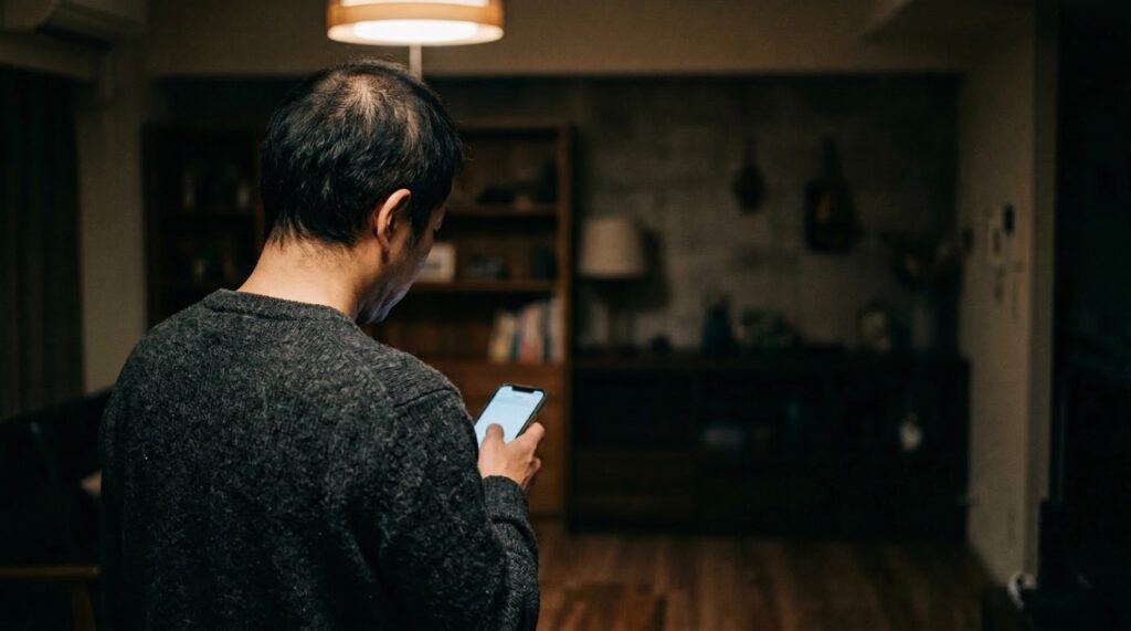 薄暗い部屋でスマートフォンを見下ろす40代日本人男性の後ろ姿。天井の光で頭頂部の薄毛がうっすら見えている