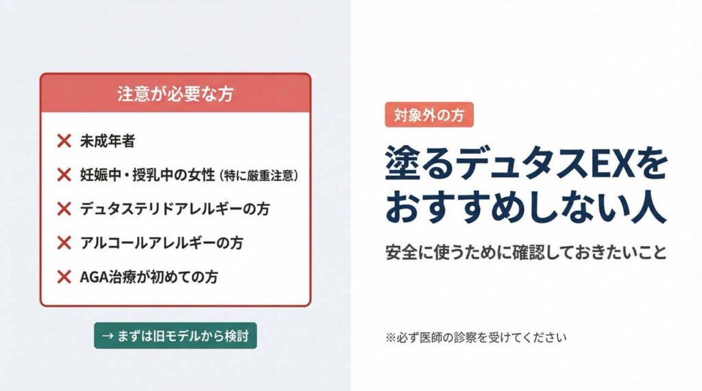 塗るデュタスEXをおすすめしない方の条件一覧|未成年・妊娠中の女性・アレルギーのある方は使用不可(※必ず医師の診察を)