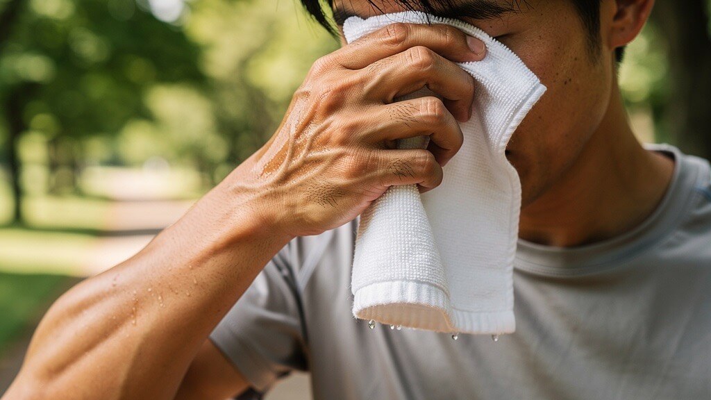 屋外で運動中の40代日本人男性が、汗と一緒に額から流れた発毛剤で目元に痛みを感じ、白いタオルを左手で自然に当てている様子