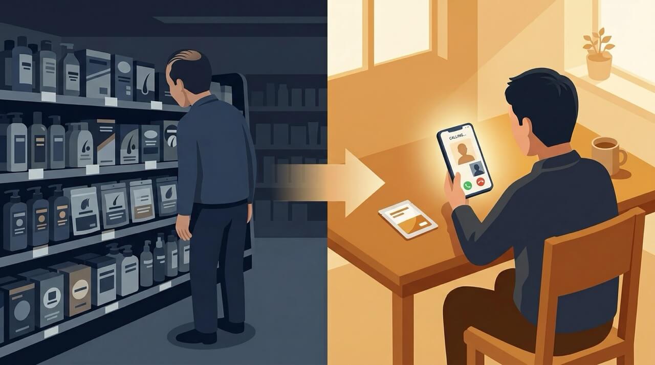 ドラッグストアで発毛剤を見つめて悩む40代男性と、服用後に机でリラックスしてスマホを見る同じ男性を左右で対比したフラットイラスト