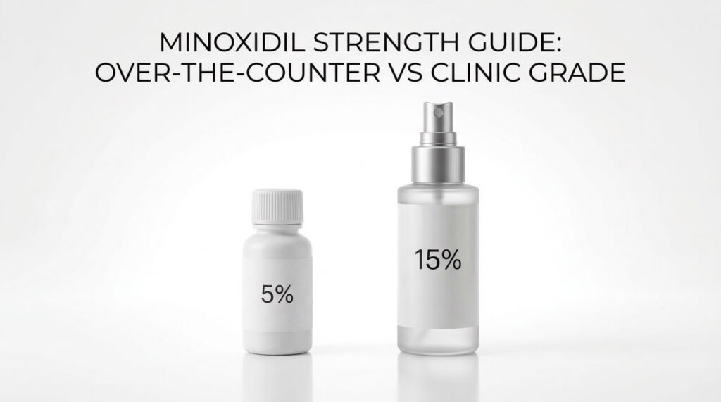 白い背景に並んだ5%と15%の外用薬ボトルを比較した画像。市販薬と医療用高濃度外用薬の違いを表現している