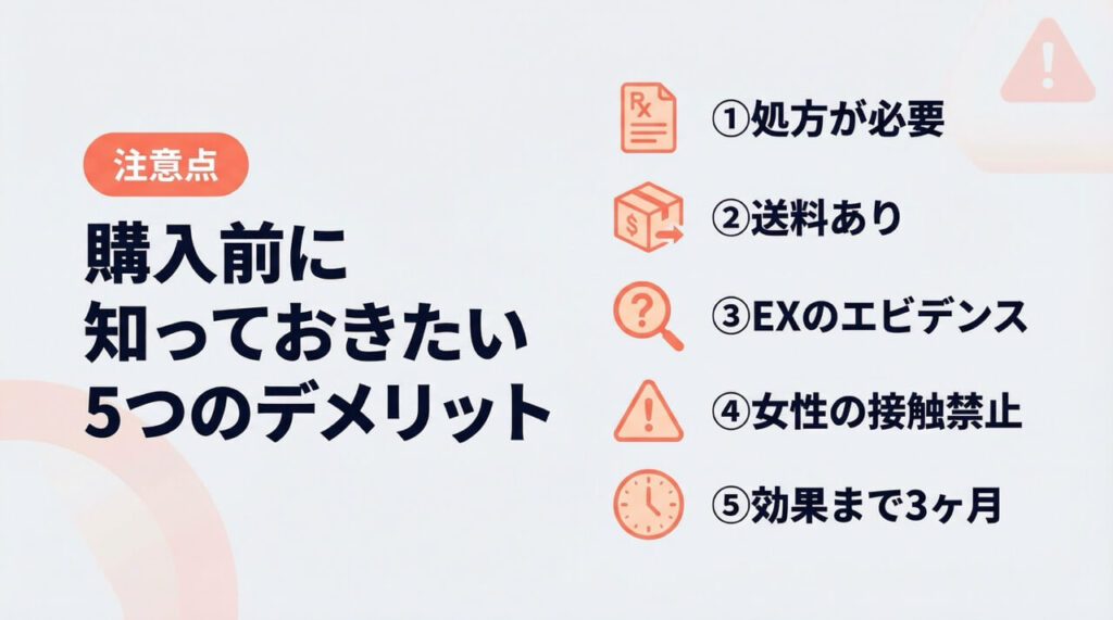 注意点として5つのデメリットをアイコン付きで紹介。①処方が必要②送料あり③EXのエビデンス④女性の接触禁止⑤効果まで3ヶ月。