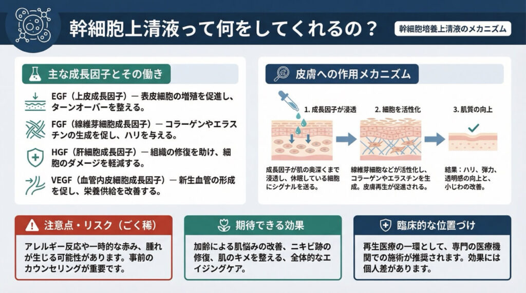幹細胞培養上清液のメカニズムを解説したインフォグラフィック|主な成長因子(EGF・FGF・HGF・VEGF)の働き、皮膚への作用ステップ(成長因子の浸透→細胞の活性化→肌質の向上)、期待できる効果(ハリ・弾力・透明感・小じわ改善)、注意点・リスク、臨床的な位置づけを図解(※効果には個人差があります)