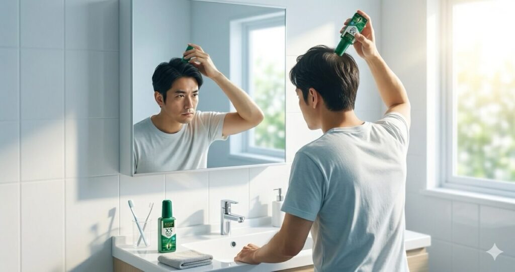 窓から朝日が差し込む明るい洗面台で、鏡に向かって頭頂部に発毛剤（外用薬）を丁寧に塗布している日本人男性の後ろ姿。清潔感のある空間での前向きな朝の習慣。