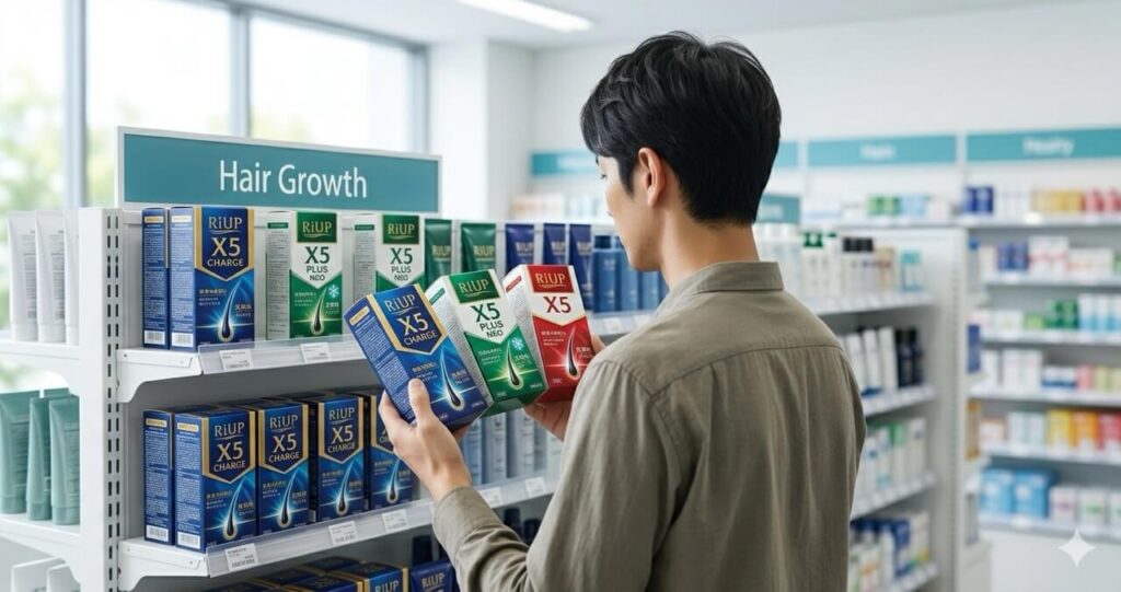 明るく清潔なドラッグストアの発毛剤コーナーで、リアップX5チャージ、プラスネオ、標準X5の3つのパッケージを両手に持ち、真剣に見比べている日本人男性の後ろ姿。