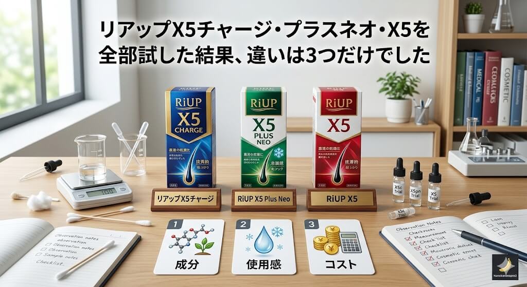 明るいデスクに並べられたリアップX5チャージ、プラスネオ、X5の3種類のパッケージ。手前には「成分」「使用感」「コスト」という3つの違いを象徴するカードが置かれ、専門的な検証レビューをイメージさせる写真。