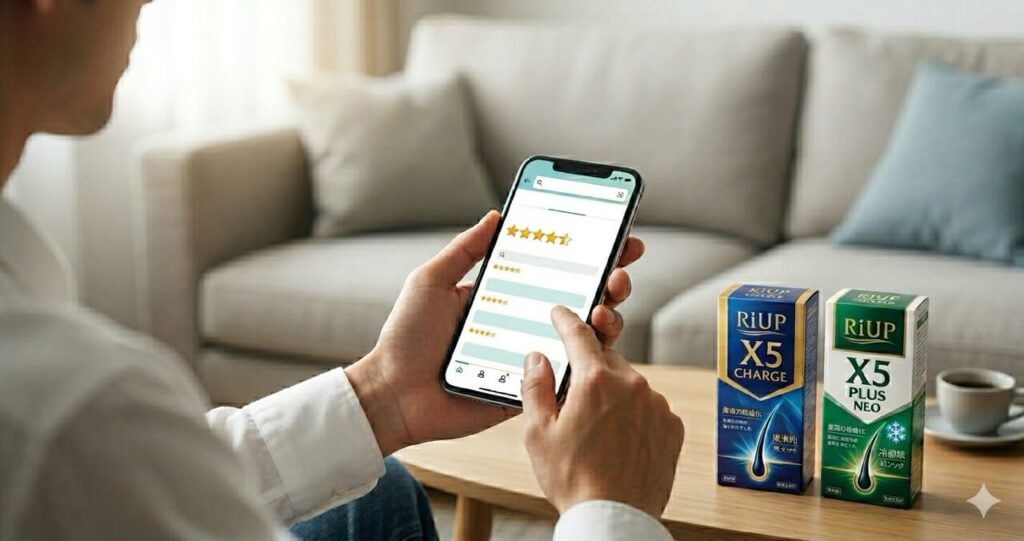 自宅のソファで、スマートフォンの画面に表示された星評価の口コミを確認しながら、テーブルに置かれたリアップのボトルを検討している男性の手元。リラックスした雰囲気の中での製品選び。